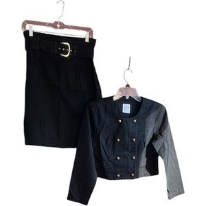 Byer Too! vintage black cotton double breast high waisted belted skirt set Sz 11